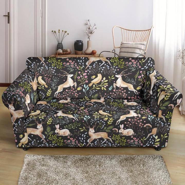 Deer Floral Jungle Style Pattern Print Sofa Cover