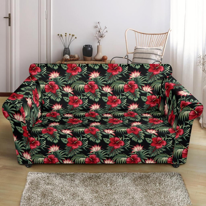 Flower Hawaiian Red Hibiscus Design Black Background Sofa Cover
