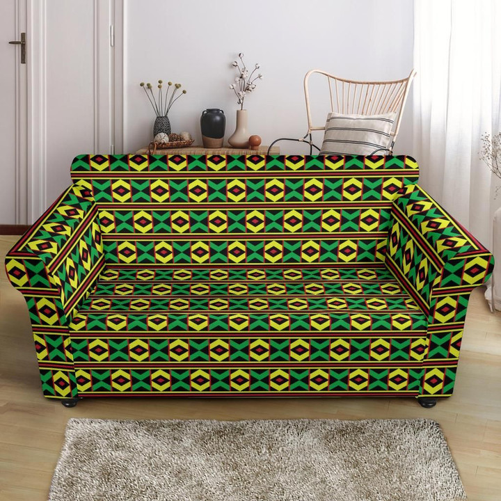 African Geometric Green And Yellow Pattern Sofa Cover