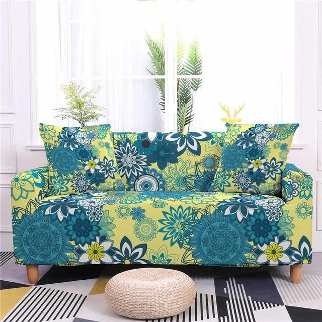 Mandala Style Blue And Yellow Flower Texture Sofa Cover