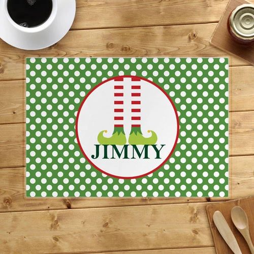 Custom Name Printed Placemat Table Mat Christmas Boy White Dots In Green