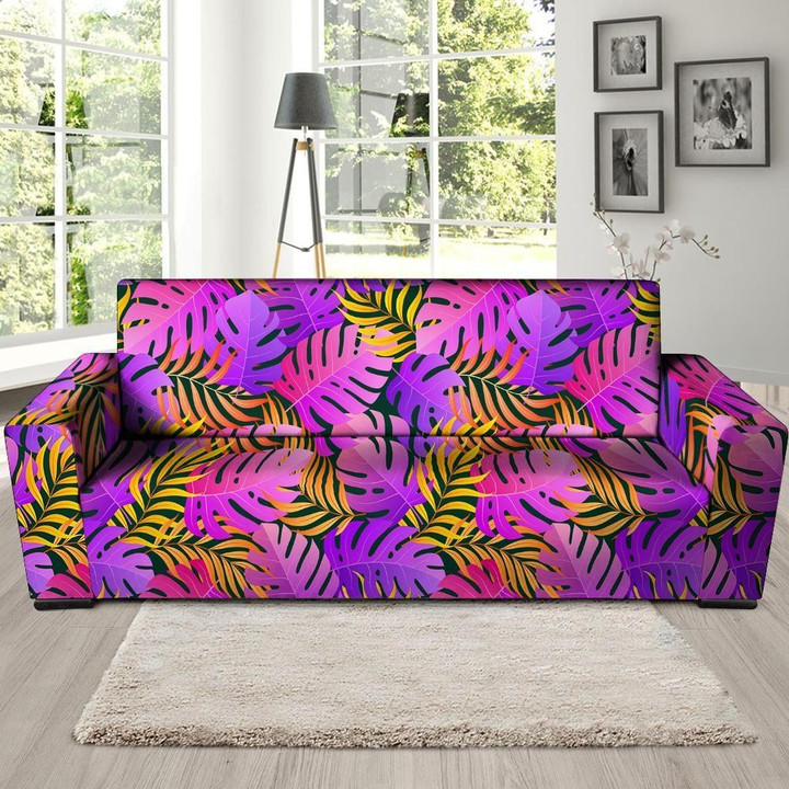 Neon Palm Leaf Tropical Edm Print Sofa Cover