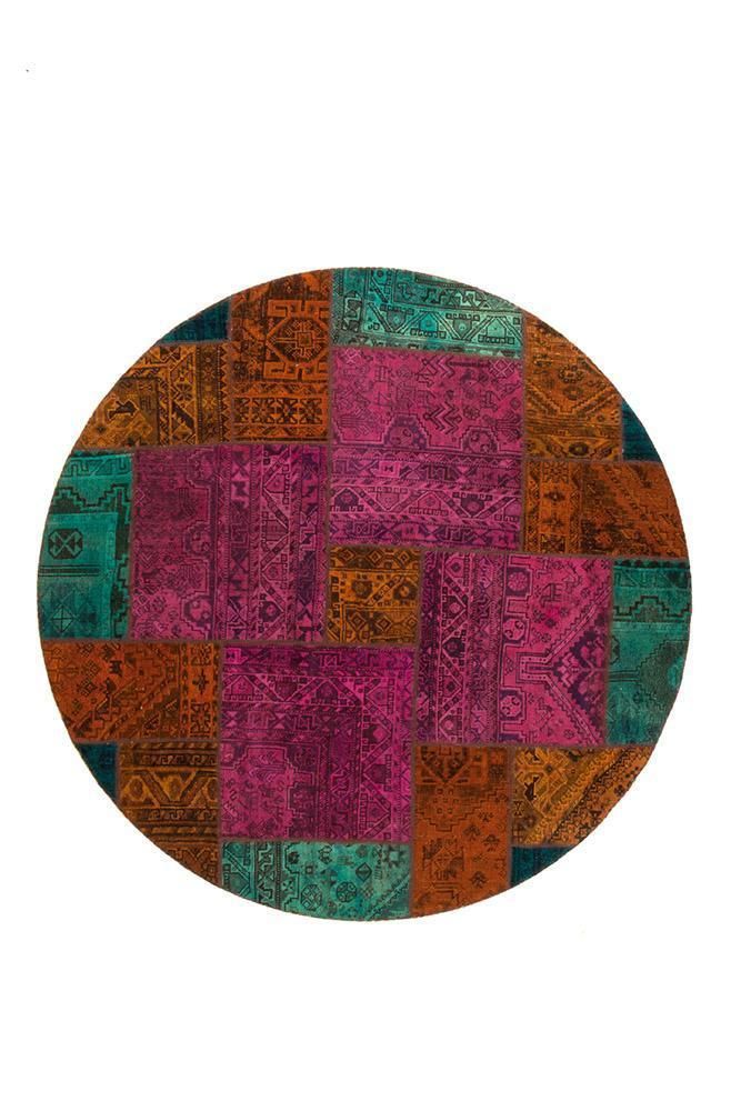 Dark Pink Persian Hand Knotted Patchwork Round Rug Home Decor