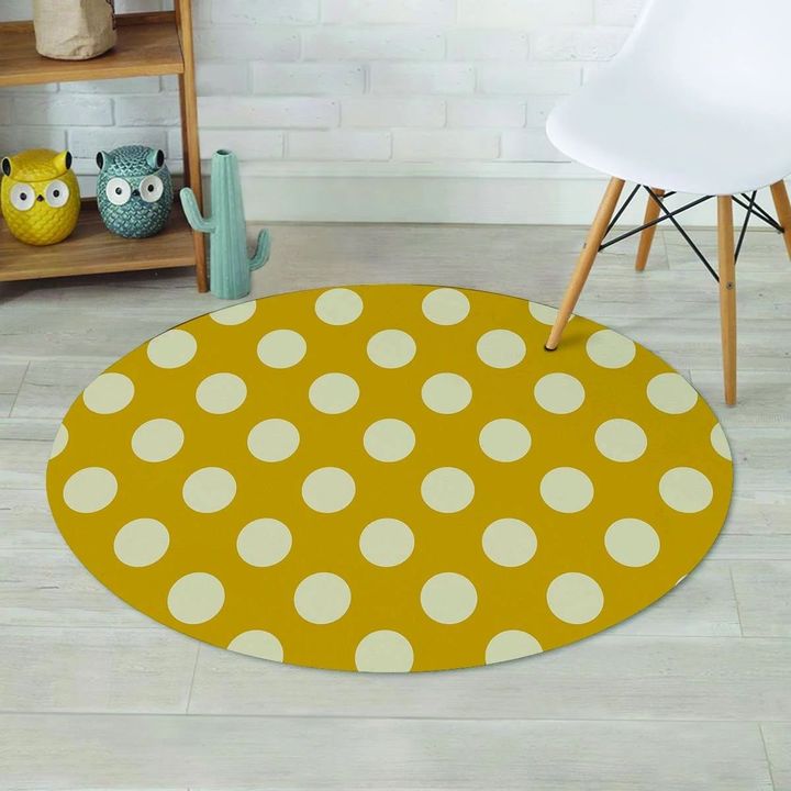 White Polka Dot Yellow Theme Round Rug Home Decor