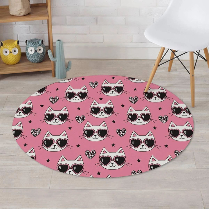 Pink Theme Cool Cats Wear Glasses Love Heart Round Rug Home Decor