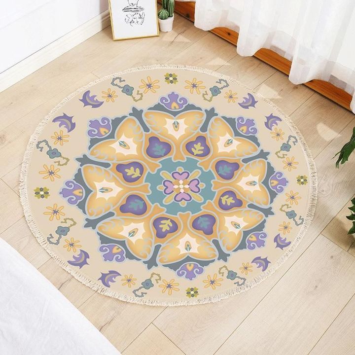 Yellow Floral Pattern Wheat Theme Round Rug Home Decor