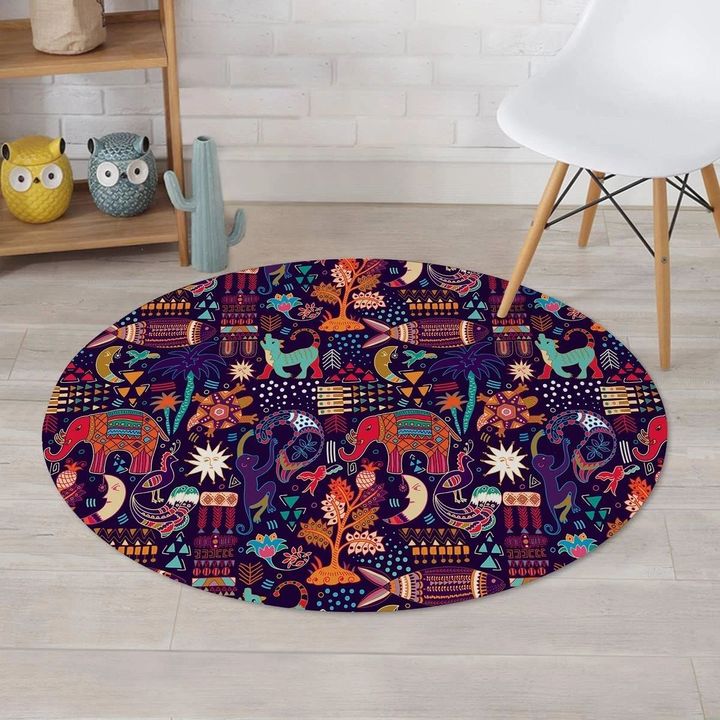Aztec Psychedelic Trippy Daily Activities Pattern Round Rug Home Decor