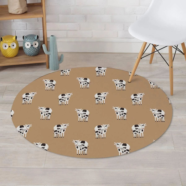 Cow Family Pattern Burly Wood Background Round Rug Home Decor