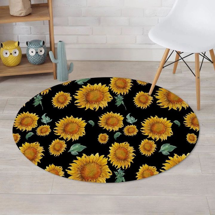 Sunflower Collection Black Theme Round Rug Home Decor