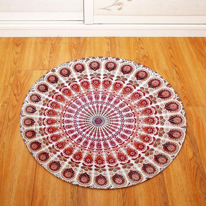Red Traditional Vintage Geometric Illustration Round Rug Home Decor
