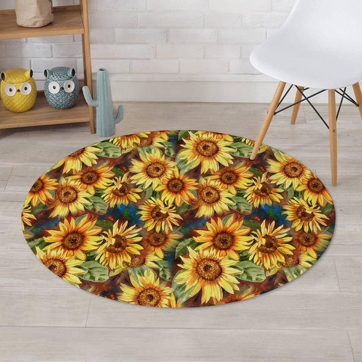 Watercolor Sunflower Painting Pattern Round Rug Home Decor