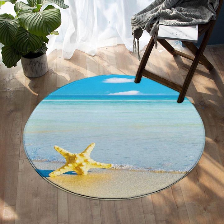 Yellow Starfish And Beautiful Beach Round Rug Home Decor