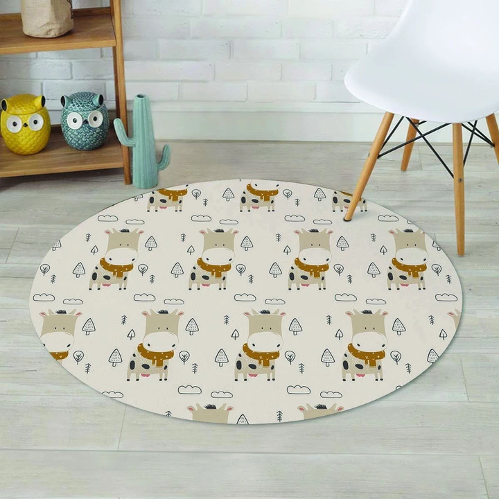 Cow Cute With Trees Light Color Theme Round Rug Home Decor