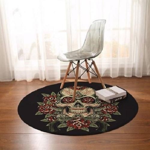 Floral Rose Flower And Skull Scary Round Rug Home Decor