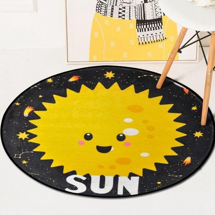 Cute Cartoon Sun And Planets Pattern Black Theme Round Rug Home Decor