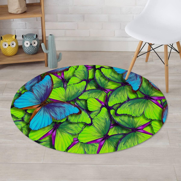 Green And Blue Butterfly Design Round Rug Home Decor