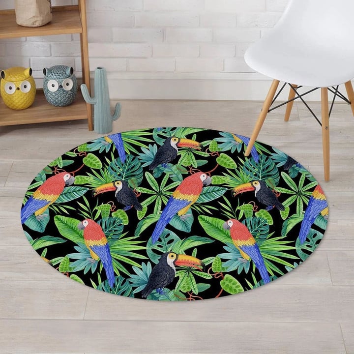 Tropical Bird Hawaiian Black Theme Round Rug Home Decor