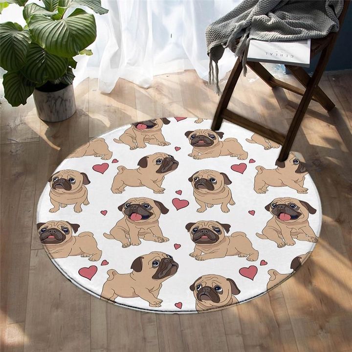 White Pug Puppy Dog Love Colorful Round Rug Home Decor