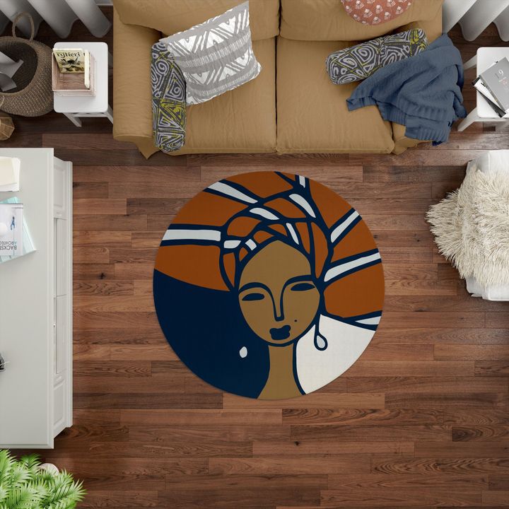 Navy Blue And Rust Woman In Head Round Rug Home Decor