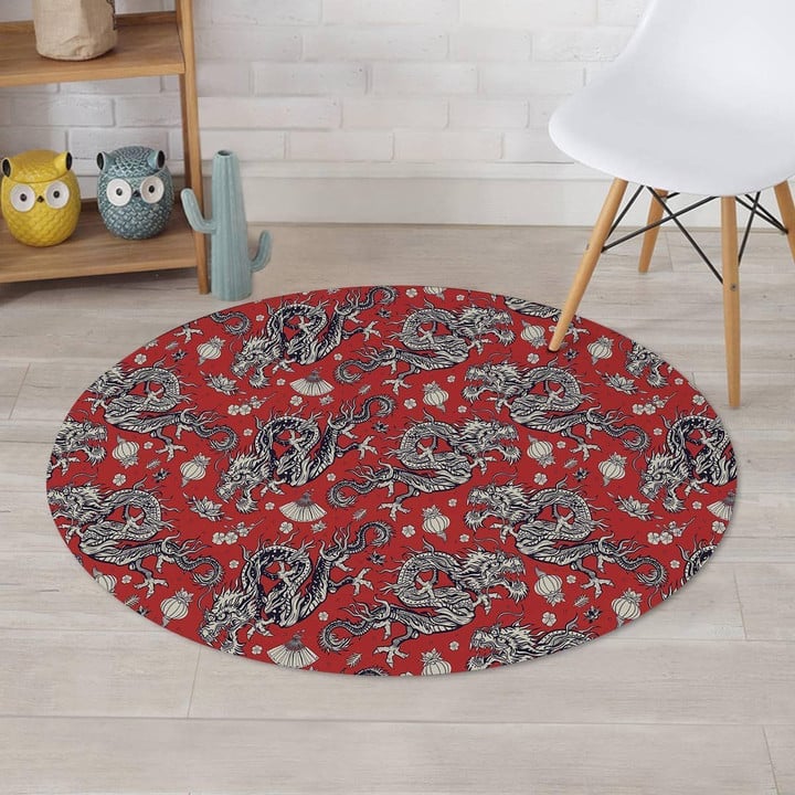 Red Theme Black And White Chinese Dragon Floral Round Rug Home Decor