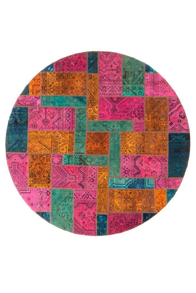 Colorful With Persian Hand Knotted Patchwork Round Rug Home Decor
