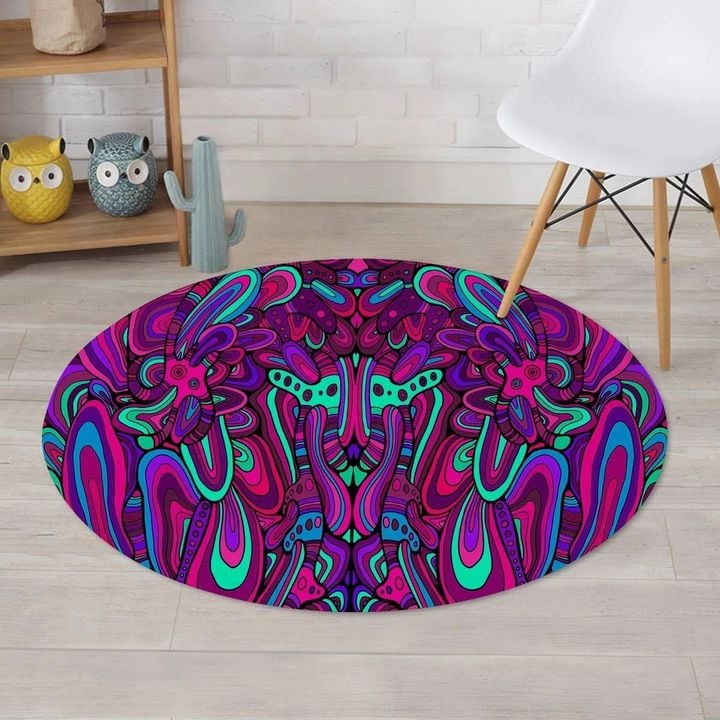 Psychedelic Trippy Doodle Neon Blue And Purple Pattern Round Rug Home Decor