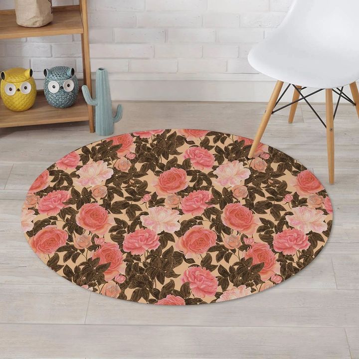 Pink Rose Floral Pattern Wheat Background Delightful Style Round Rug Home Decor