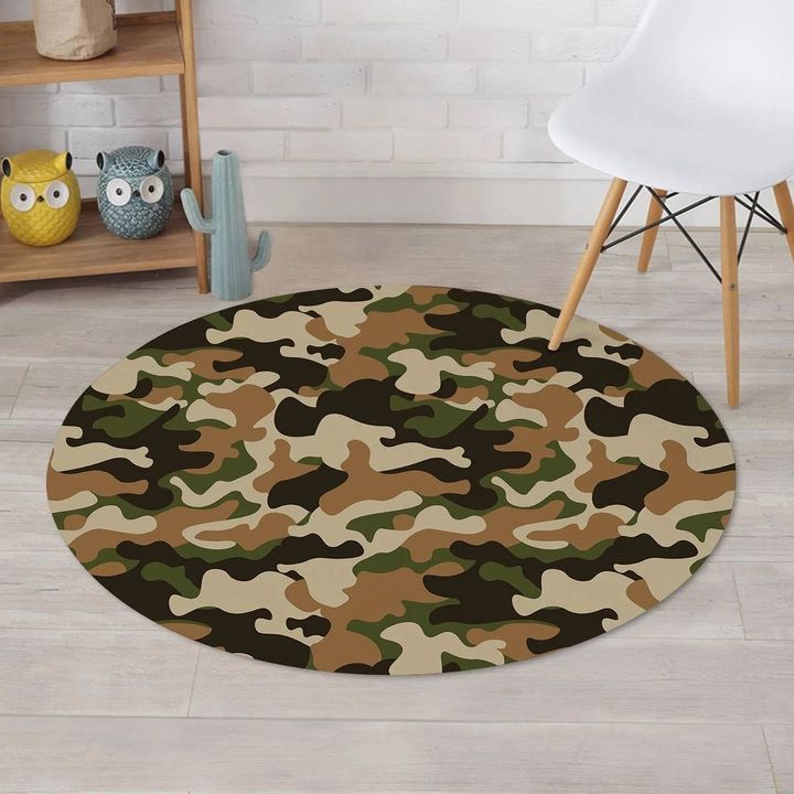Green And Brown Camouflage Design Round Rug Home Decor