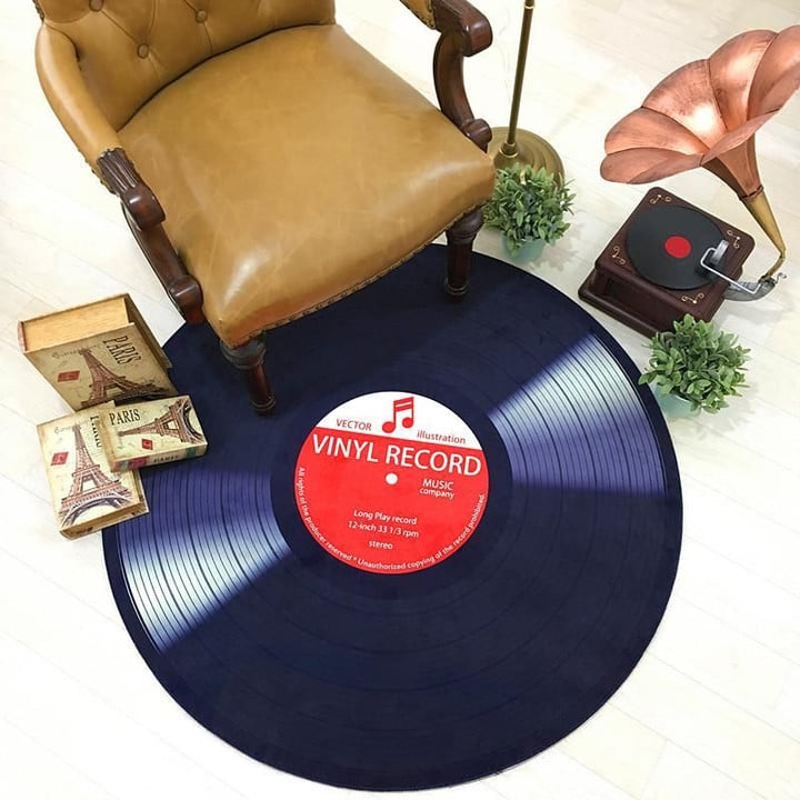 Retro Vinyl Record Pattern Black Theme Round Rug Home Decor