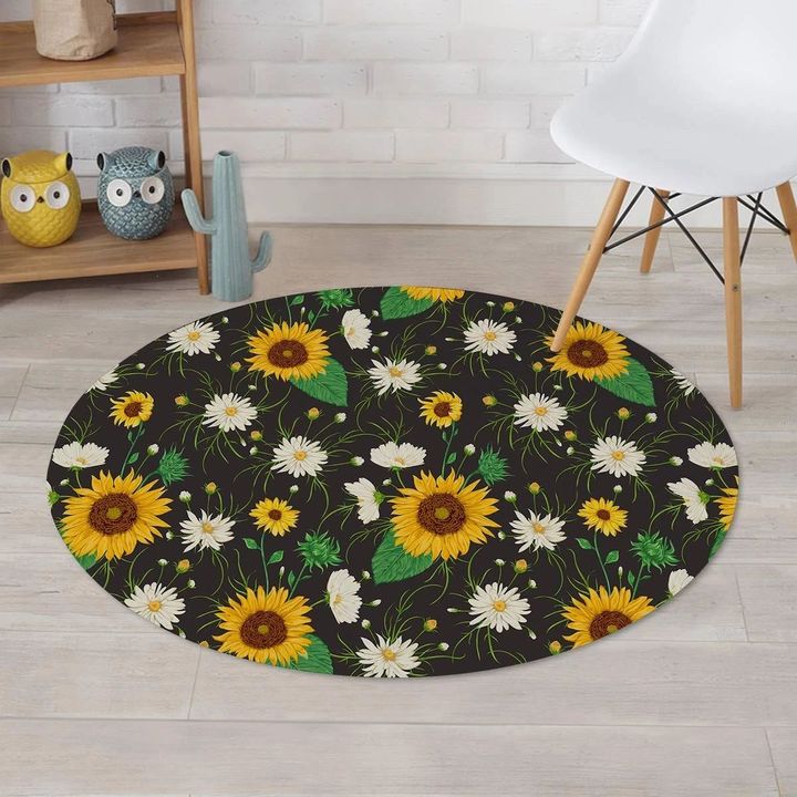 Sunflower And Chamomile Black Background Round Rug Home Decor