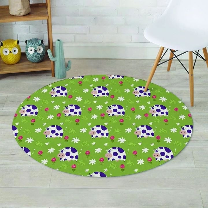 Funny Cow For Kids With Flower Green Background Round Rug Home Decor