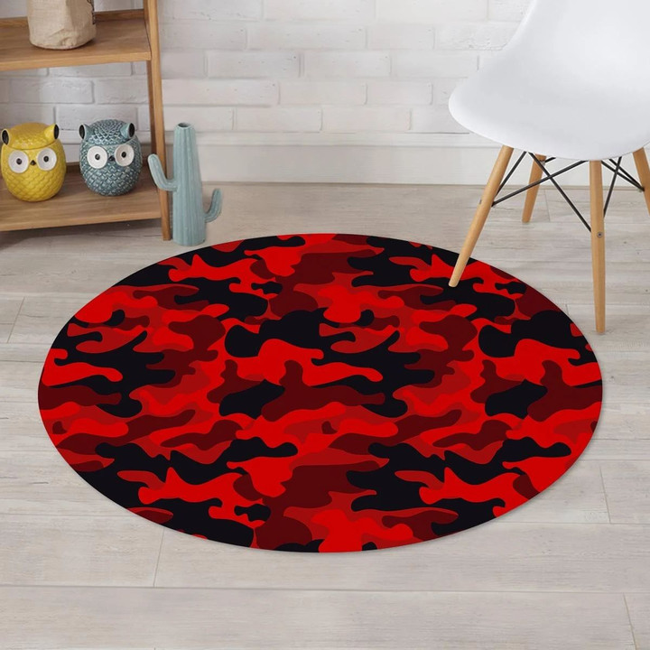 Red Camouflage Pattern Black Theme Round Rug Home Decor