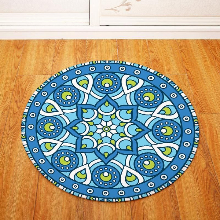 Dodger Blue And Turquoise Geometric Pattern Round Rug Home Decor