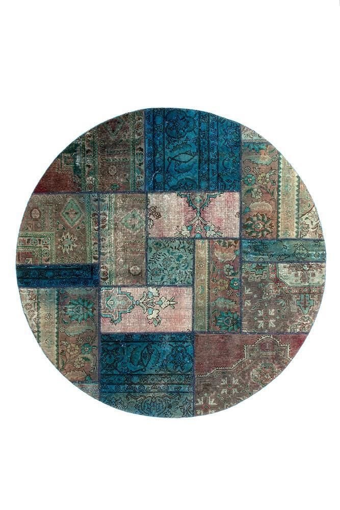 Turquoise Persian Hand Knotted Patchwork Round Rug Home Decor