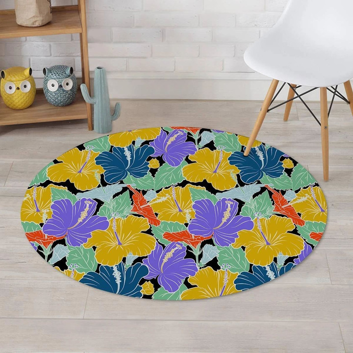Violet And Yellow Hibiscus Flower Hawaiian Round Rug Home Decor