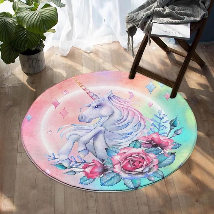 Pink Floral Rose Unicorn Colorful Background Round Rug Home Decor