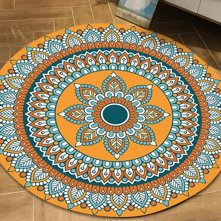 Light Blue And Orange Moroccan Patterned Round Rug Home Decor