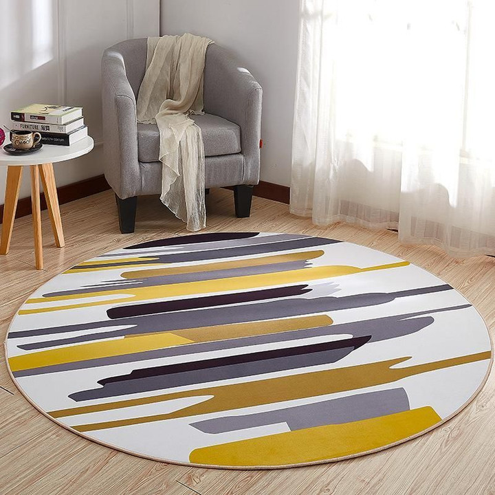Yellow Grey Striped Pattern Modern Round Rug Home Decor