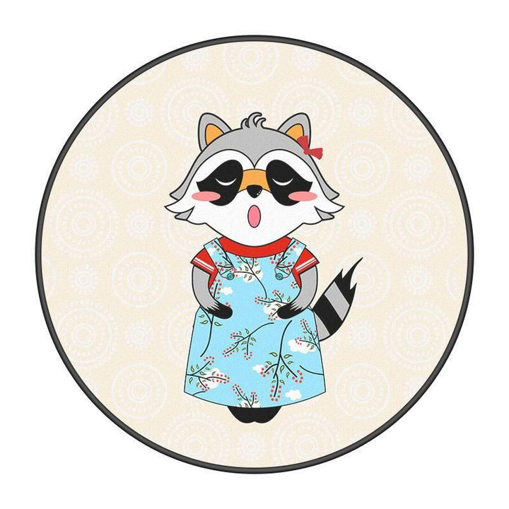 Grey Raccoon Cartoon Modern Flora Watercolor Round Rug Home Decor