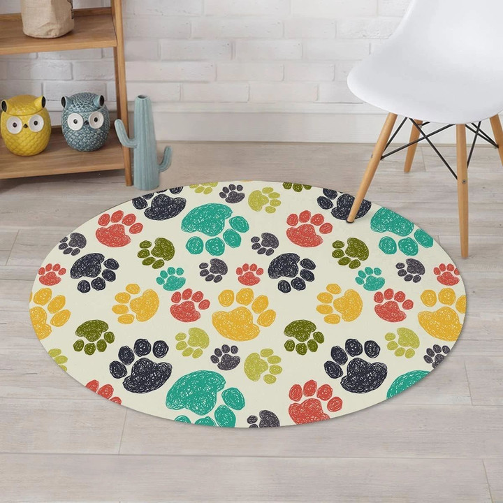 Colorful Doodle Paw Cute Pattern White Theme Round Rug Home Decor