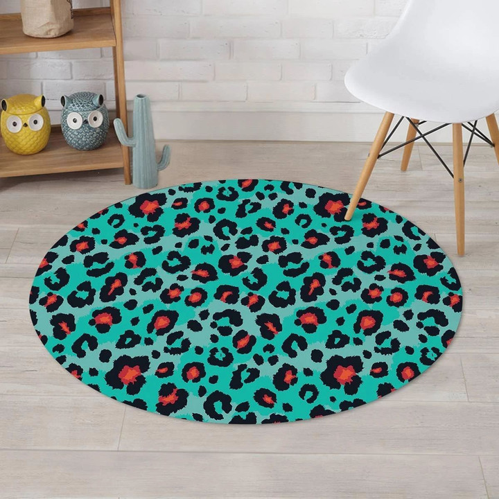Teal And Red Leopard Skin Pattern Attractive Design Round Rug Home Decor