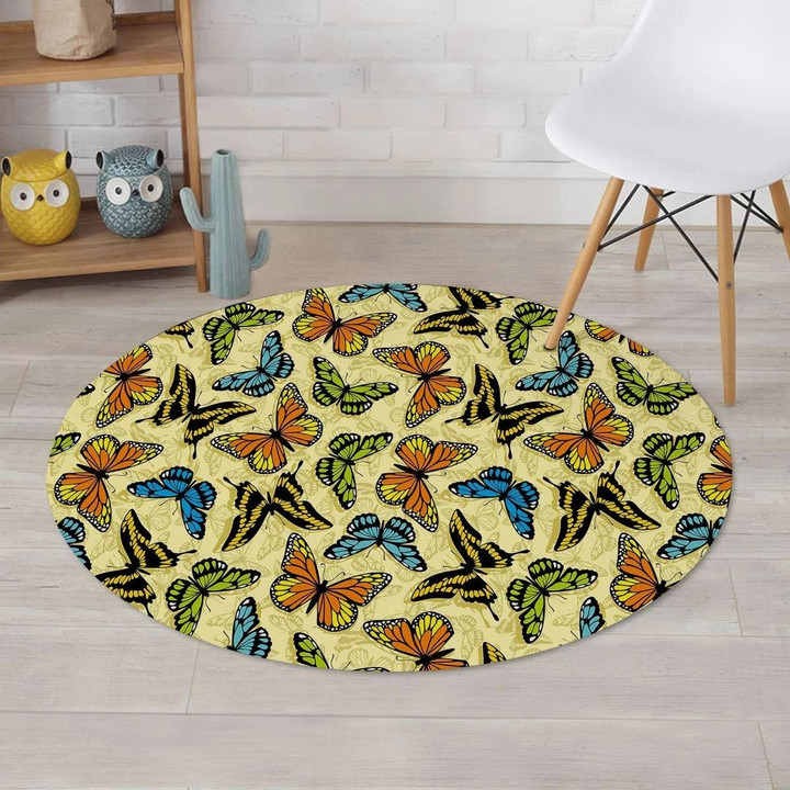 Colorful Butterfly Pattern Yellow Theme Round Rug Home Decor