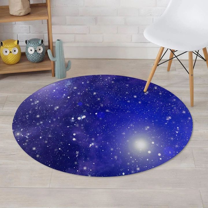 Blue Stardust Space Galaxy With Sparkle Star Round Rug Home Decor