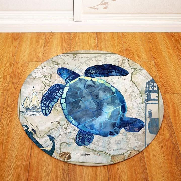 Blue Turtle Aquatic Creatures Modern Round Rug Home Decor