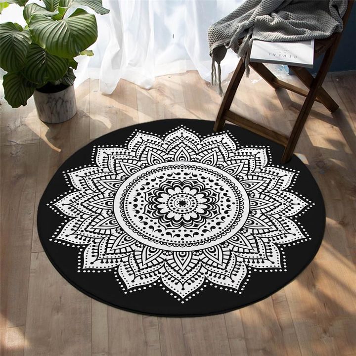 Black And White Bohemian Mandala Colorful Round Rug Home Decor
