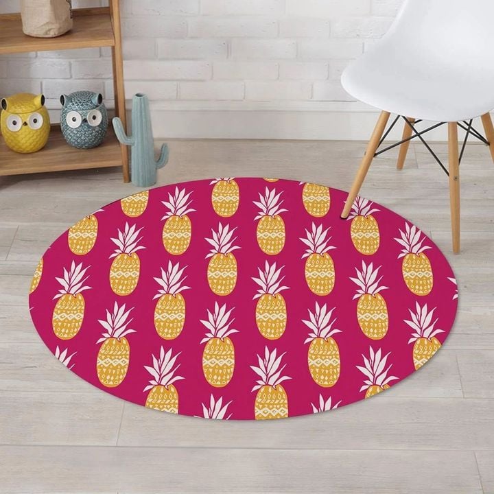 Aztec Hawaiian Pineapple Deep Pink Theme Round Rug Home Decor