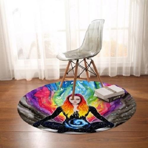 Meditation Girl Rainbow Colorful Round Rug Home Decor