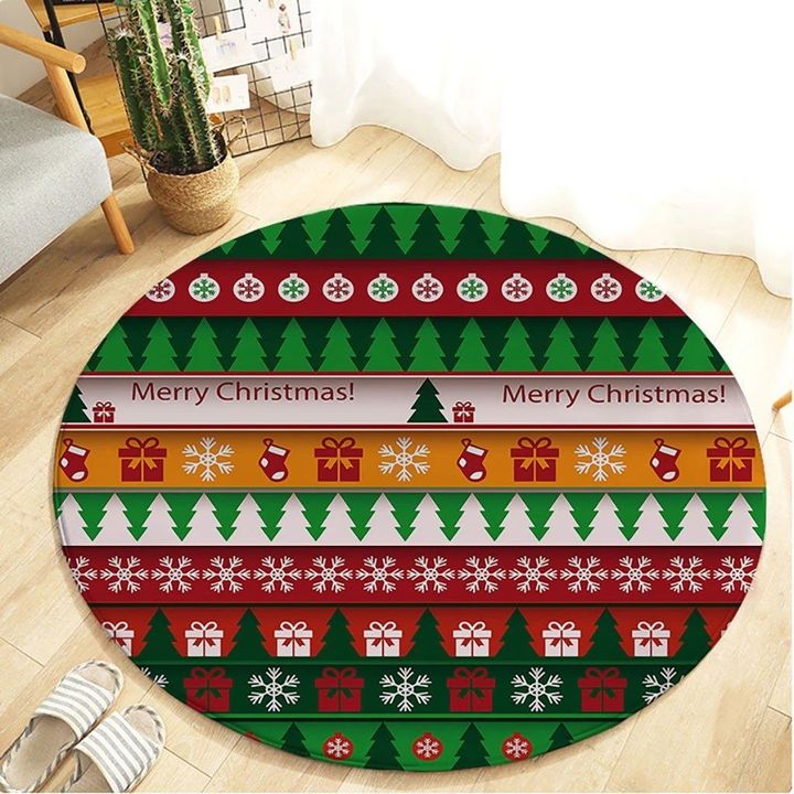 Colourful Christmas Tree Christmas Holiday Pattern Round Rug Home Decor