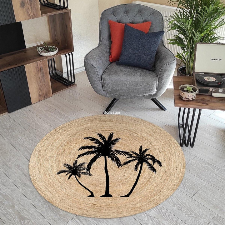 Summer Time Palm Tree Round Rug Home Decor