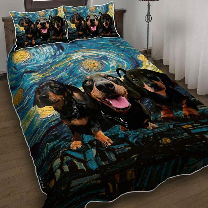 Three Dachshunds Starry Night 3d Printed Quilt Set Home Decoration